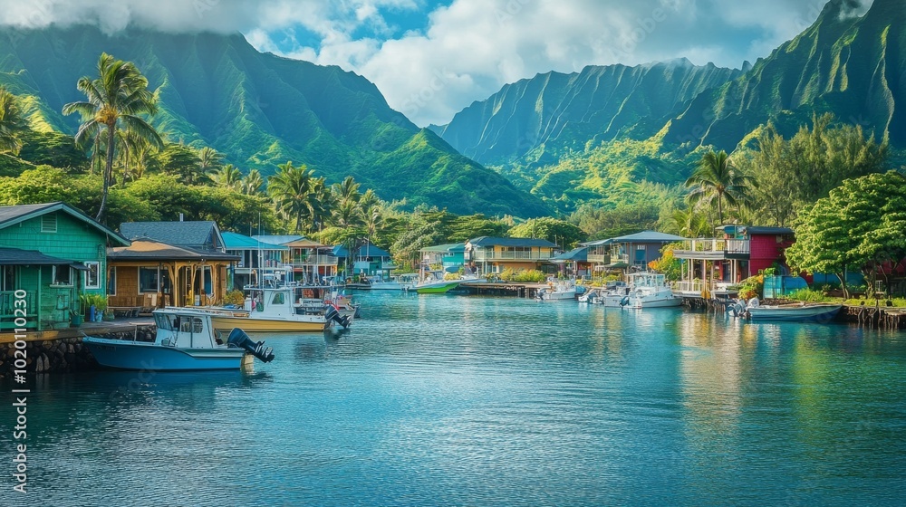 Naklejka premium A peaceful Hawaiian fishing village with colorful houses and a tranquil harbor