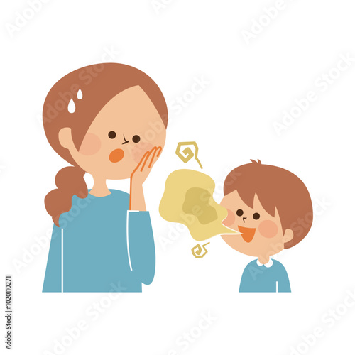 子供の口臭に気づくお母さん　かわいいイラスト素材
