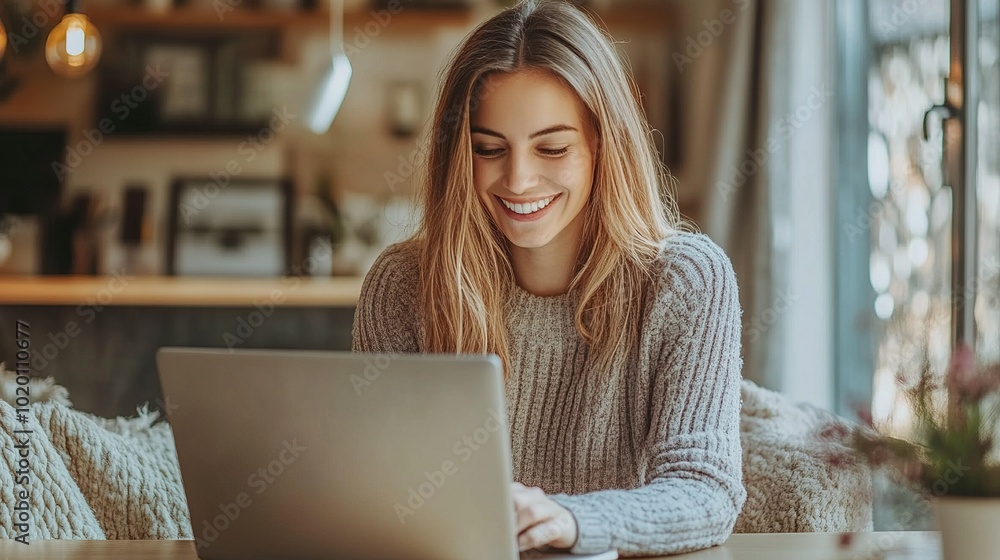 Young Woman Smiling While Working on Laptop at Home Young Woman Smiling While Working on Laptop at Home