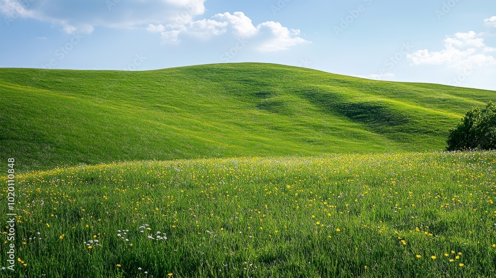 Fototapeta premium A serene green hill with scattered wildflowers,