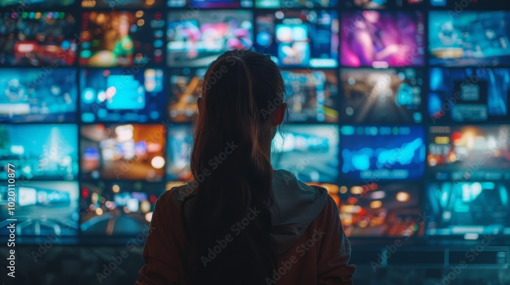 Young woman surrounded by multiple TV screens, each displaying different channels and online streaming platforms Young woman surrounded by multiple TV screens, each displaying different channels and online streaming platforms