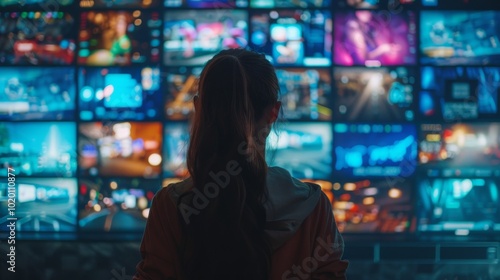 Young woman surrounded by multiple TV screens, each displaying different channels and online streaming platforms