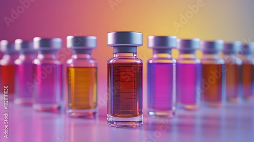 Multiple glass vials filled with colorful liquid, on a white reflective surface with a gradient background.