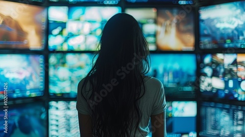 Young woman surrounded by multiple TV screens, each displaying different channels and online streaming platforms