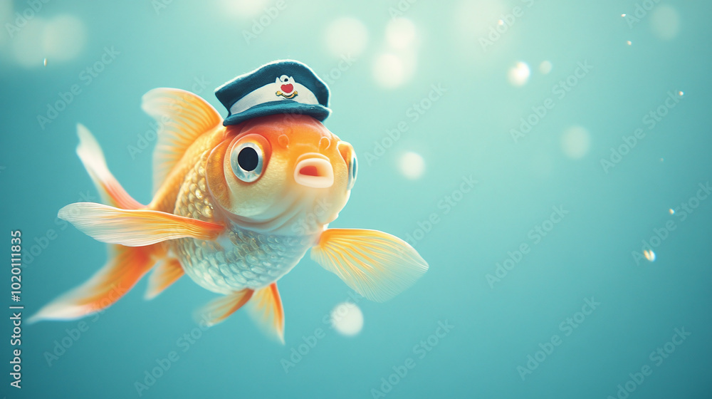 A charming goldfish in a miniature sailor outfit, swimming in front of a bright aqua background. A charming goldfish in a miniature sailor outfit, swimming in front of a bright aqua background.