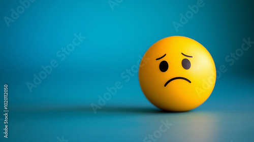 Sad face emoji ball on blue background with copy space. Sadness, emotions and melancholy concept.