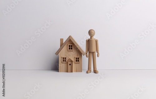 A wooden figurine of a person stands next to a miniature wooden house on a white background.