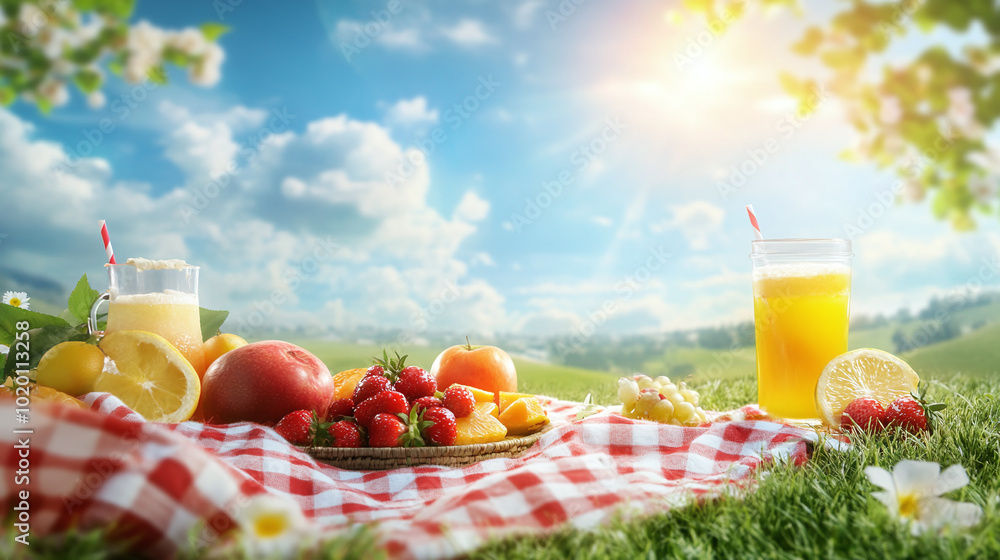 A cheerful picnic blanket spread on grass with fresh summer fruits and drinks, featuring an empty space in the sky for catchy text A cheerful picnic blanket spread on grass with fresh summer fruits and drinks, featuring an empty space in the sky for catchy text