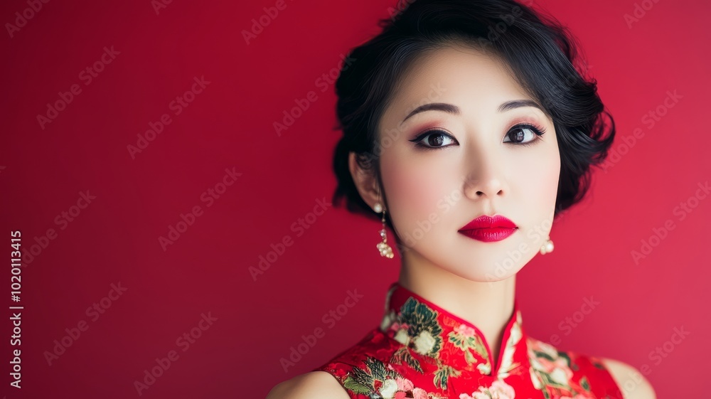 Frontal portrait of an elegant asian chinese lady actress in authentic chinese dress. Red lipstick. Frontal portrait of an elegant asian chinese lady actress in authentic chinese dress. Red lipstick.
