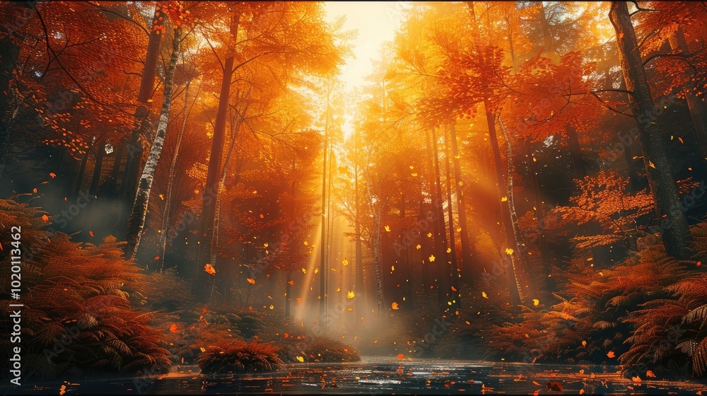 Naklejka premium A vast forest where every tree is caught in an autumn, their leaves a riot of amber, gold, and crimson. As the wind rustles through the trees.