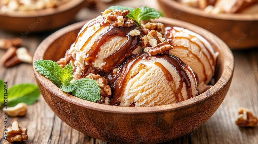 Creamy scoop of ice cream topped with rich caramel sauce and crunchy nuts, elegantly served in a rustic wooden bowl, Dessert scene background, copy space, Generative Ai Creamy scoop of ice cream topped with rich caramel sauce and crunchy nuts, elegantly served in a rustic wooden bowl, Dessert scene background, copy space, Generative Ai