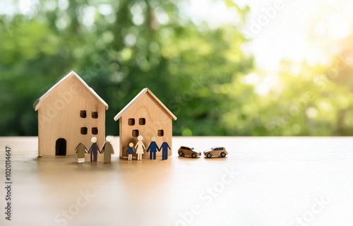 Two miniature wooden houses with a family of five standing in front of one house and two miniature wooden cars in front of the other.