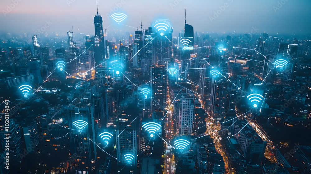 Modern city aerial view and communication network concept. Smart city. Wireless telecommunication. Modern city aerial view and communication network concept. Smart city. Wireless telecommunication.