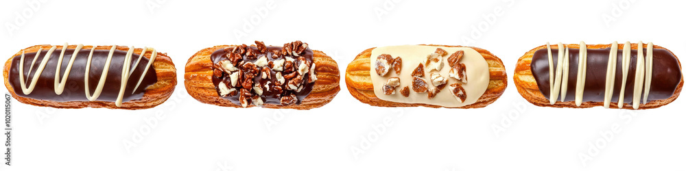 Delicious assortment of chocolate-covered pastries with various toppings on a white isolate background. Delicious assortment of chocolate-covered pastries with various toppings on a white isolate background.