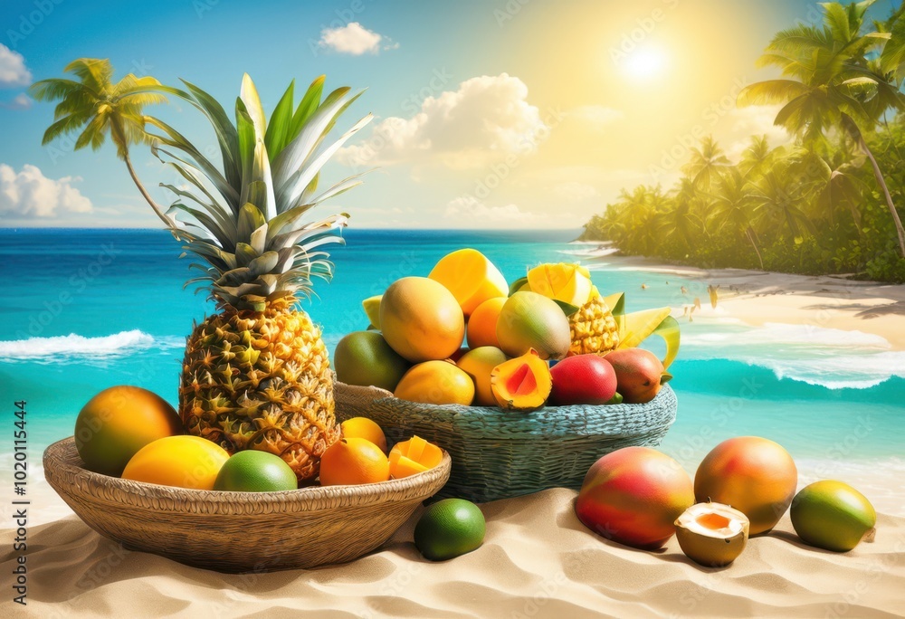 colorful array vibrant tropical fruits displayed sandy beach under bright sunlight, pineapple, mango, coconut, banana, papaya, kiwi, guava, watermelon colorful array vibrant tropical fruits displayed sandy beach under bright sunlight, pineapple, mango, coconut, banana, papaya, kiwi, guava, watermelon