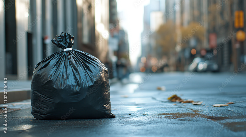 Obraz premium A close-up shot of a black garbage bag tied securely, sitting on a clean, urban street with a blurred background of city life, emphasizing waste management