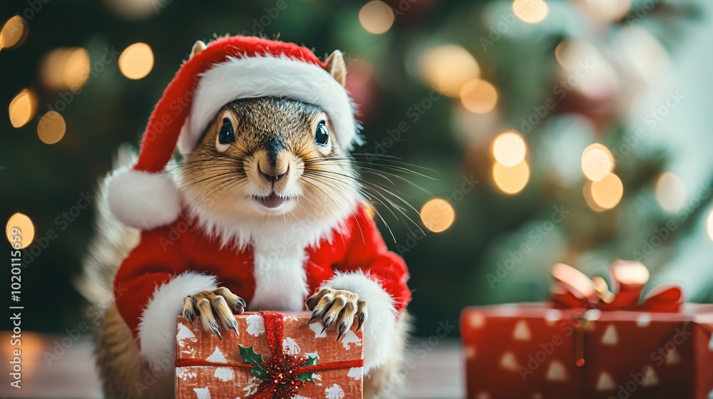 Cheerful Squirrel in Santa Suit with Gifts Cheerful Squirrel in Santa Suit with Gifts