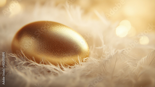 A close-up shot of a shimmering golden egg resting on a bed of soft, white feathers, illuminated by soft, warm light to enhance its luxurious appearance.