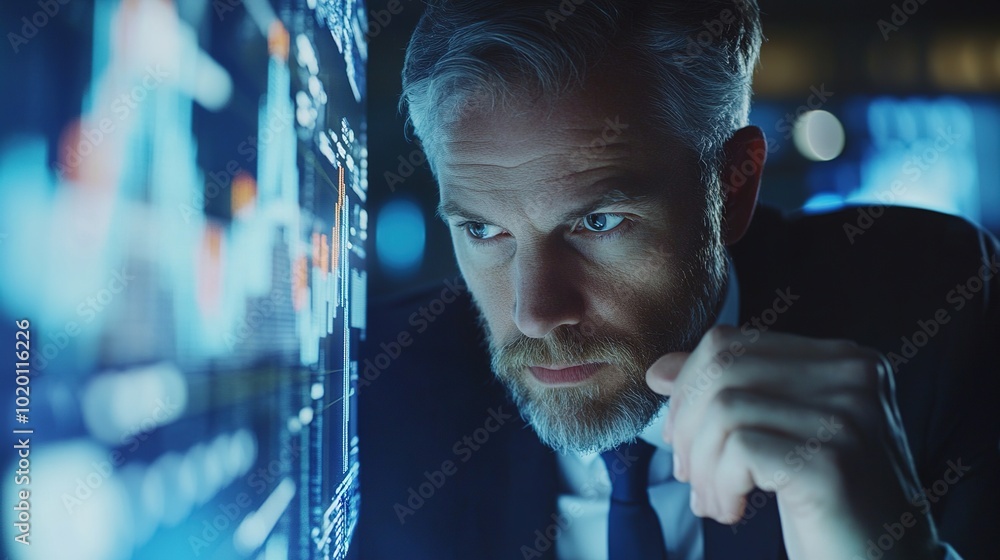 Focused Businessman Analyzing Data Insights Focused Businessman Analyzing Data Insights