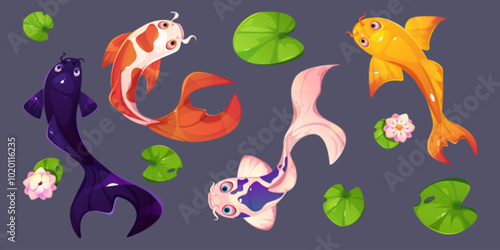 Chinese koi carp fish for pond water top view. Japan goldfish and waterlily blossom oriental illustration. Asian bloom swimming, green leaf for river traditional set. Marine animal art digital design