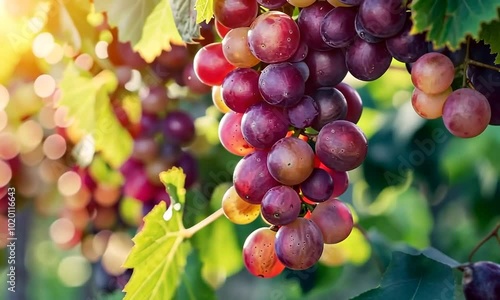 Fresh grapes hanging on the vine, displaying their lush clusters and vibrant colors, embodying the essence of natural abundance