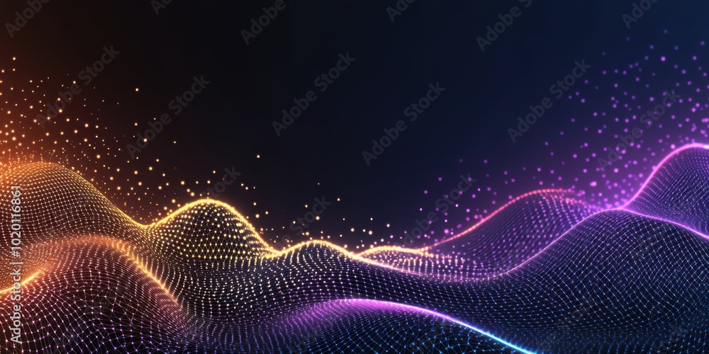 A dynamic abstract scene featuring colorful digital waves flowing with vibrant particles. geometric patterns create a futuristic and energetic atmosphere, ideal for tech-themed designs. Copy-space A dynamic abstract scene featuring colorful digital waves flowing with vibrant particles. geometric patterns create a futuristic and energetic atmosphere, ideal for tech-themed designs. Copy-space