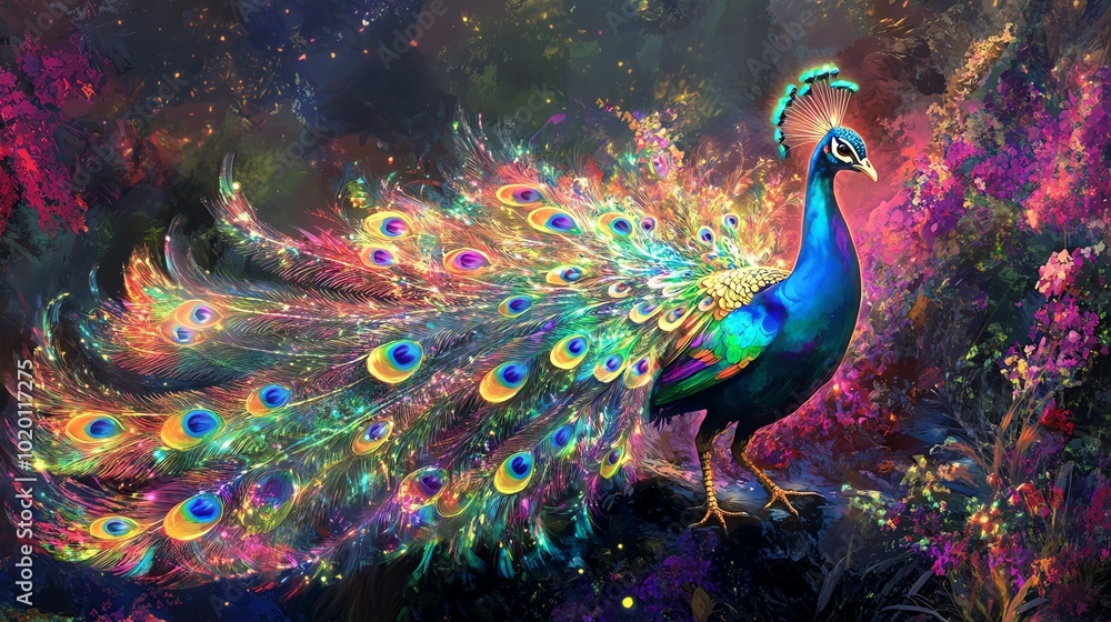 Obraz premium A whimsical peacock with holographic feathers, strutting in a surreal garden