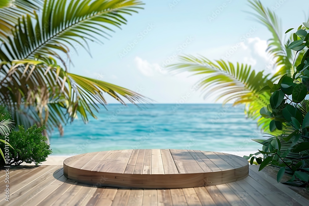 Fototapeta premium Wooden table top background in the beach and tropical seascape