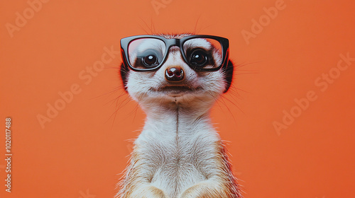 A cunning meerkat wearing oversized glasses, standing alert against a bright coral backdrop photo