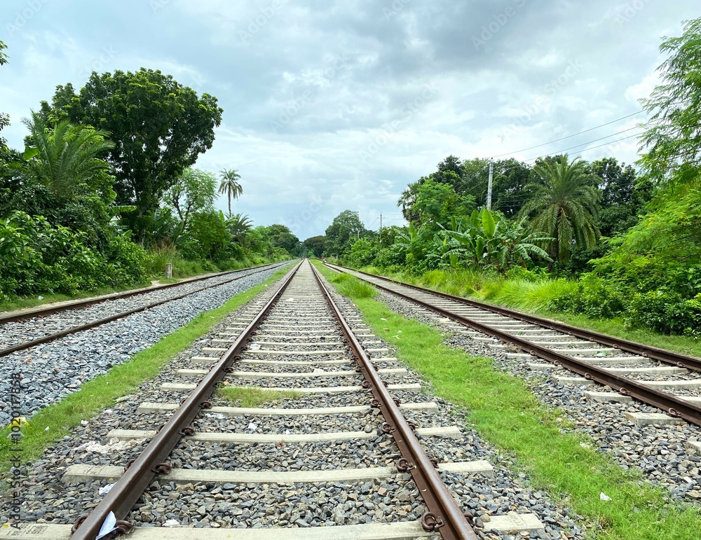 A scenic view of railroad tracks extending into the distance, Rail Road tracks going into the horizon, A scenic view of railroad tracks extending into the distance, Rail Road tracks going into the horizon,