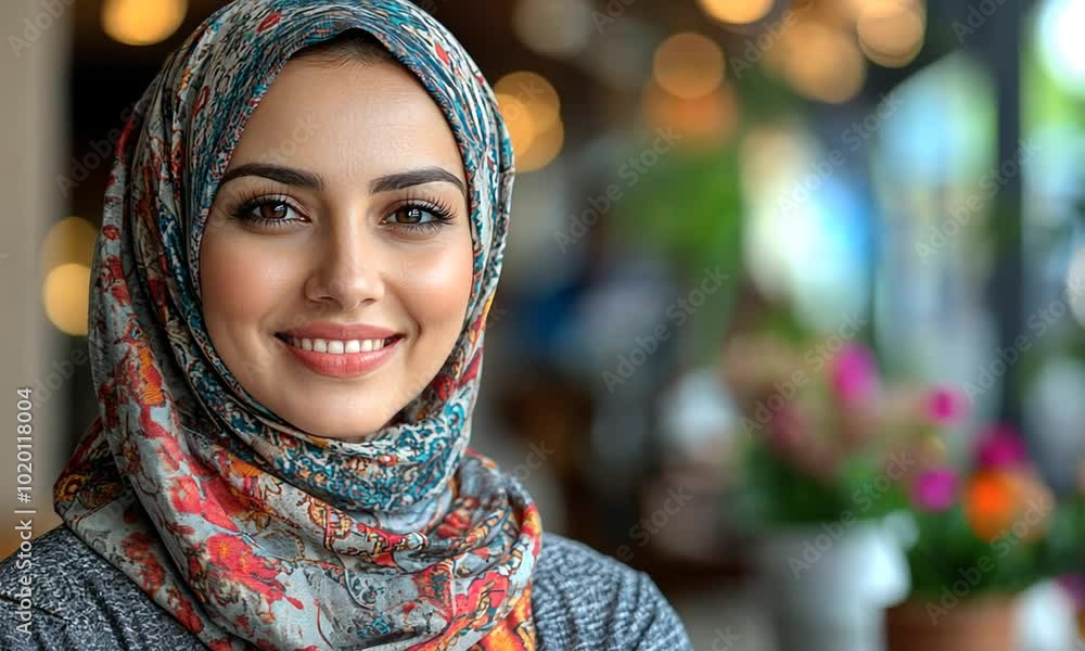 A woman in a colorful hijab smiling softly, with a blurred background. A woman in a colorful hijab smiling softly, with a blurred background.