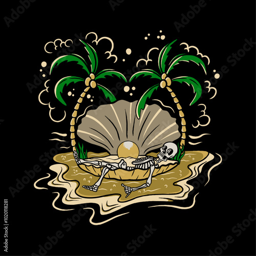 Skull in the Shell, A Summer Retreat vintage vector illustration