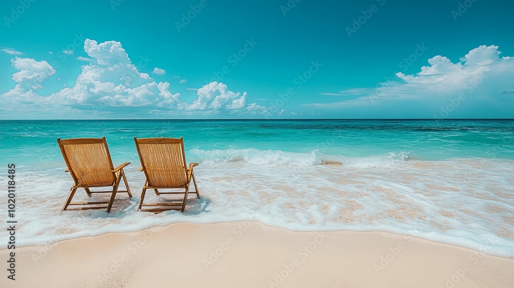 Two Wooden Beach Chairs Facing Turquoise Ocean Waves Two Wooden Beach Chairs Facing Turquoise Ocean Waves