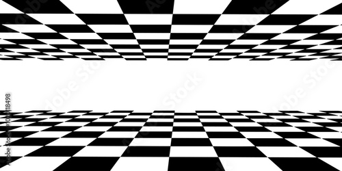 Double floor in perspective with checkerboard texture. Empty chess board. Vector illustration.