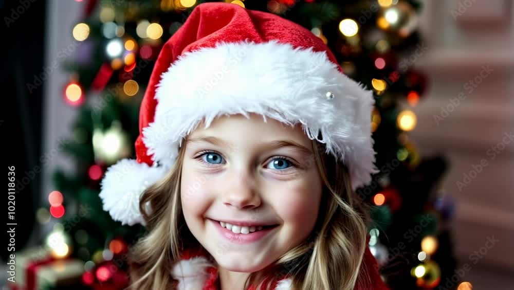 A close-up portrait of a cheerful blond, blue-eyed Caucasian little girl, around 5-6 years old, wearing a festive red Santa hat. A close-up portrait of a cheerful blond, blue-eyed Caucasian little girl, around 5-6 years old, wearing a festive red Santa hat.