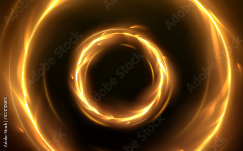 Spin fire rings with glowing tongues of flame and sparks. Realistic 3d vector illustration of round fiery frame with light effect. Magic portal with bright yellow hot burnt circles with blaze.