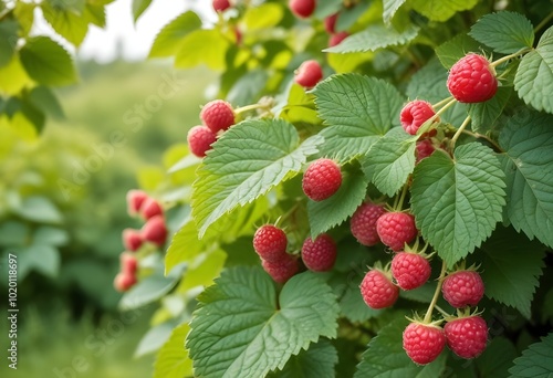 Ripe raspberries growing on a bush with green leaves in the background