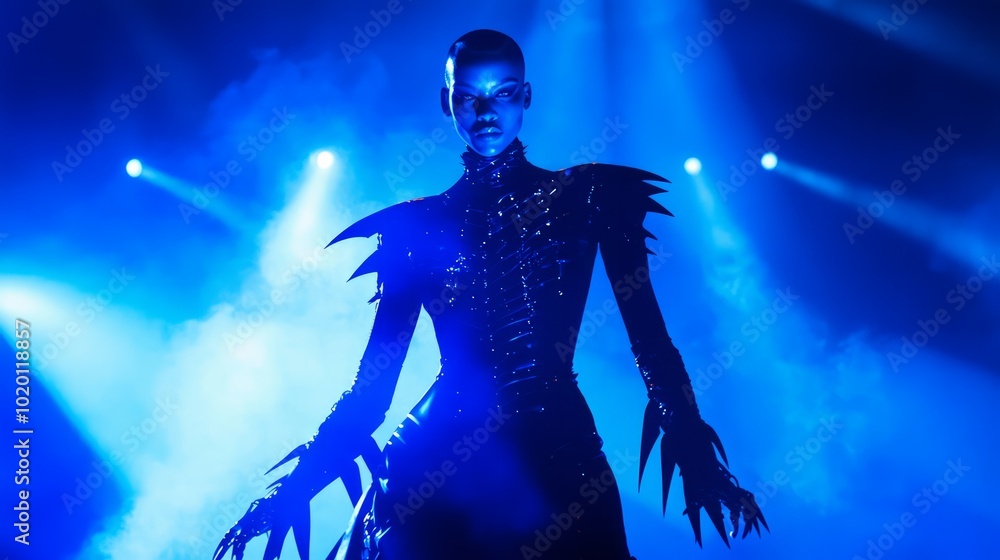 Hauntingly Elegant: Model in Sharp Angled Outfit on Dramatic Halloween Runway Hauntingly Elegant: Model in Sharp Angled Outfit on Dramatic Halloween Runway
