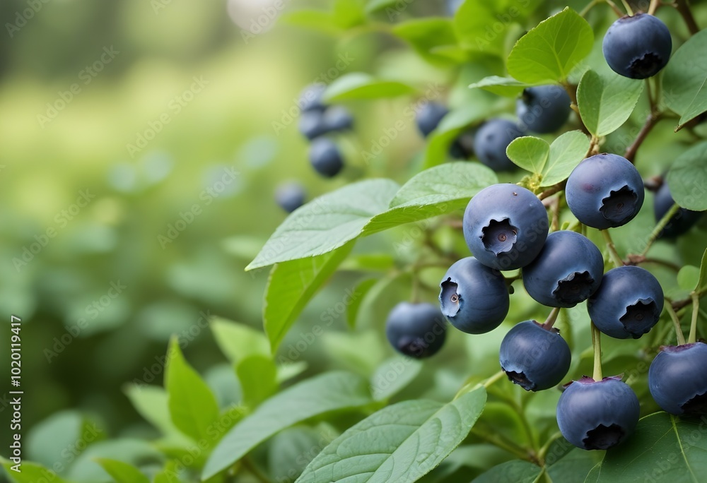 Ripe blueberries growing on a bush with green leaves in the background Ripe blueberries growing on a bush with green leaves in the background