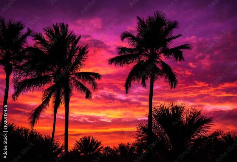 stunning lush palm tree silhouette stands out vibrant sunset vivid purple sky, orange, pink, tropical, nature, shoreline, beach, sunlight, horizon, rays stunning lush palm tree silhouette stands out vibrant sunset vivid purple sky, orange, pink, tropical, nature, shoreline, beach, sunlight, horizon, rays