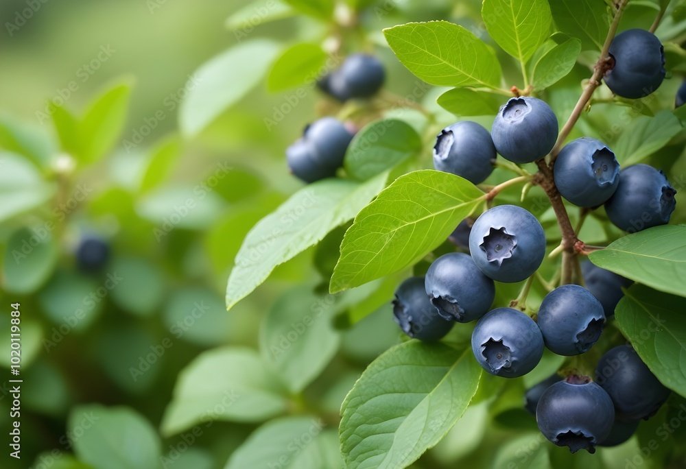 Ripe blueberries growing on a bush with green leaves in the background Ripe blueberries growing on a bush with green leaves in the background
