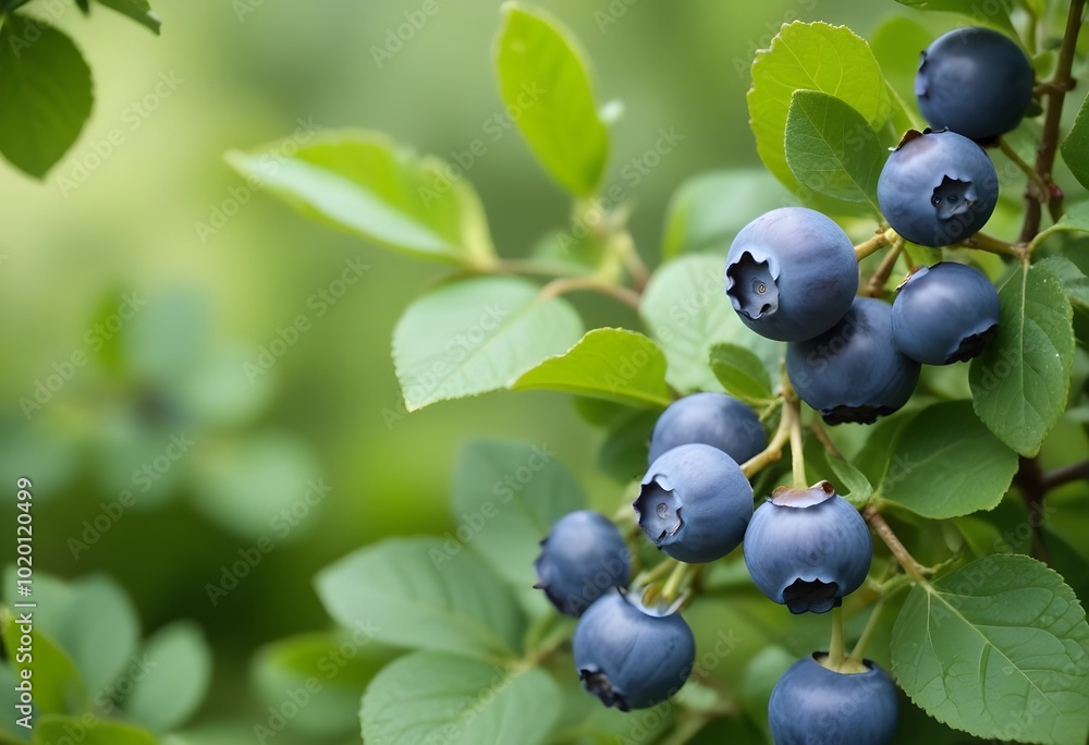 Ripe blueberries growing on a bush with green leaves in the background Ripe blueberries growing on a bush with green leaves in the background