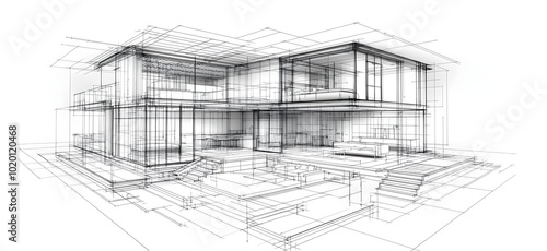 Sketch of a Modern Two-Story House with Outdoor Patio