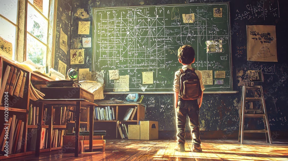 Child pondering at chalkboard in a cozy classroom setting. Child pondering at chalkboard in a cozy classroom setting.