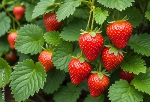 Ripe strawberries growing on a bush with green leaves in the background