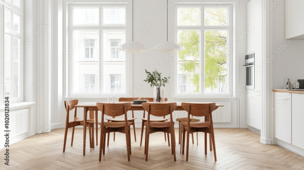 Fototapeta premium Modern Dining Room with Wooden Table and Chairs