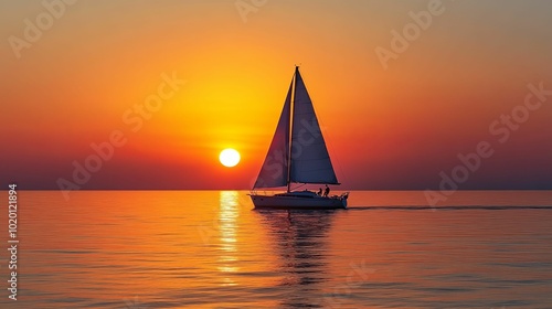 Sailboat Navigating Golden Sunset Waters