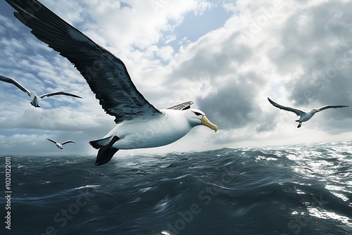 A majestic bird soaring over turbulent ocean waves under a dramatic sky. photo