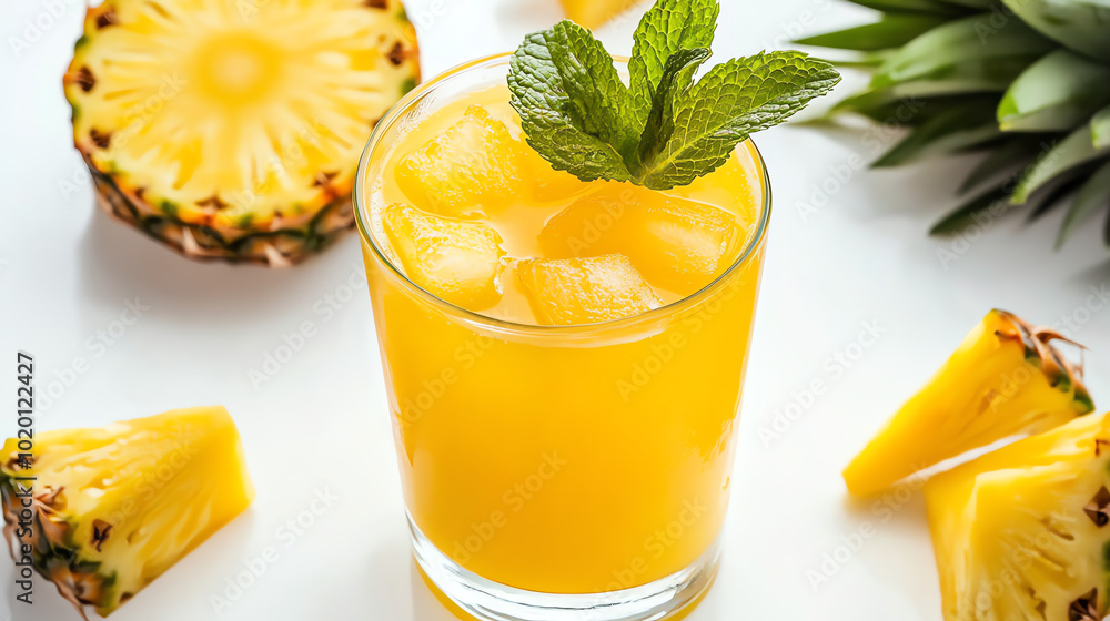A refreshing pineapple drink garnished with mint leaves, served in a glass with ice. Juicy pineapple pieces surround the glass, perfect for summer. A refreshing pineapple drink garnished with mint leaves, served in a glass with ice. Juicy pineapple pieces surround the glass, perfect for summer.