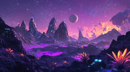 Papier peint photo Prune Fantasy landscape with glowing mountains and a distant planet  © สมเจตน์ หนูแก้ว